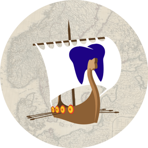 Logo de l'émission : un bateau viking avec une dent bleue sur la voile. Texte en-dessous "La Dent Bleue, l'histoire des vikings"