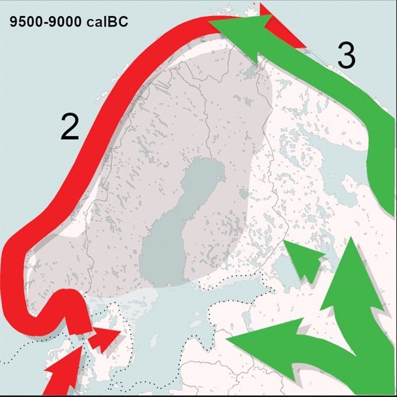 Carte décrivant le chemin des premiers chasseurs-cueilleurs scandinave (cf paragraphe précédent)